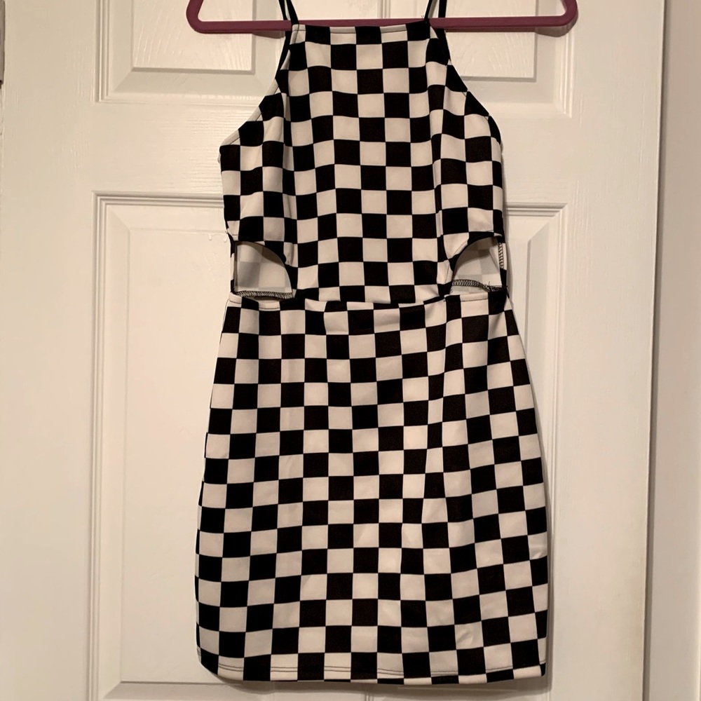 Black and White High Neck Checkered Mini Dress